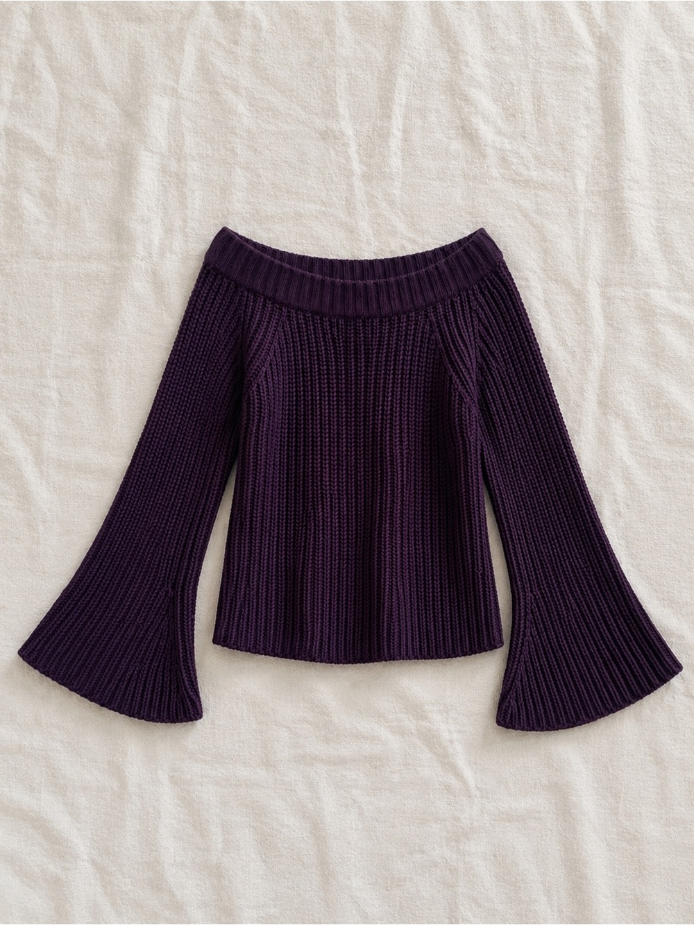 525 Cotton Off Shoulder Bell Sleeve Knit Sweater | Aubergine Plum | L